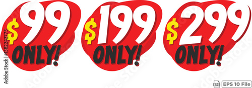 Affordable Pricing Labels: $99, $199, and $299 Only - Eye-Catching Red and Yellow Promotional Graphics for Marketing and Sales Campaigns