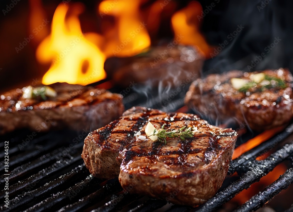 Grilling Juicy Beef Steaks on Barbecue with Flames and Herbs Grilling Juicy Beef Steaks on Barbecue with Flames and Herbs