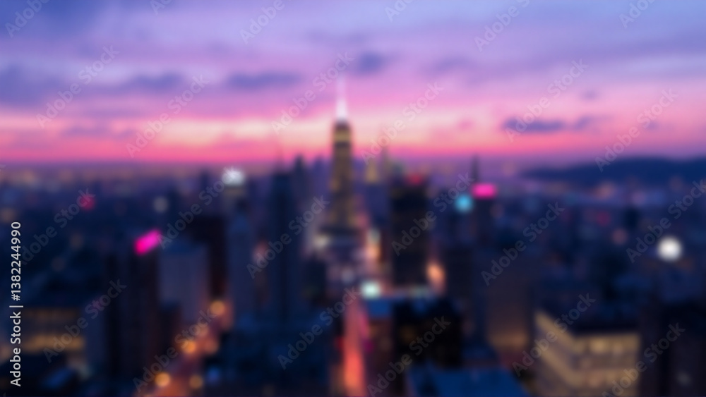 Obraz premium A blurred cityscape at dusk displays silhouetted buildings against a pink and purple sky. City lights softly glow in the distance creating an evening scene.