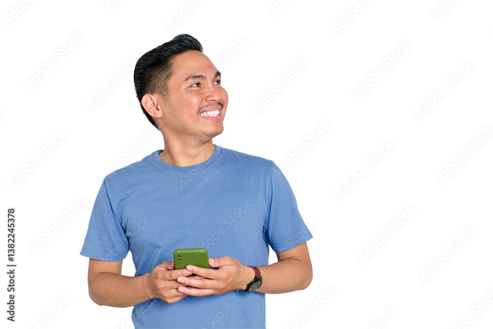 Happy young Asian man using smartphone while smiling and looking away, holding phone in both hands, isolated on transparent background Happy young Asian man using smartphone while smiling and looking away, holding phone in both hands, isolated on transparent background