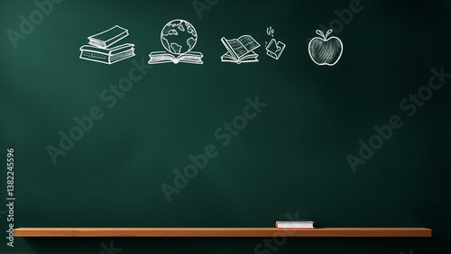 Chalk drawings of books, globe, open book, pencil, and apple are on a green chalkboard with a wooden ledge and a piece of chalk.