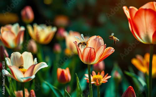 Bees pollinate vibrant orange and yellow tulips in a lush garden under bright sunlight. Close-up captures the beauty of nature's pollination process.