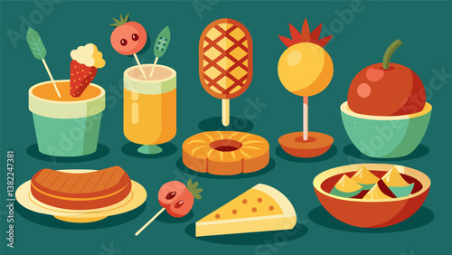 A selection of 40s comfort foods like mini corn dogs spam and pineapple skewers and mini apple pies.. Vector illustration