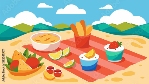 A beach picnic with a variety of dips and chips to snack on including tropical fruit salsa sweet chili cream cheese dip and Hawaiian barbecue chips. Vector illustration