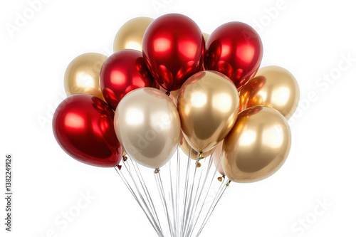 A celebratory burst of rich red and gold metallic balloons, shimmering with festive joy against a bright white background.