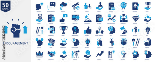 Encouragement Icon Set duo tone Style with motivation, motivation quote, potential, vision, mentor, support, checklist, goals, conceptual and succes
