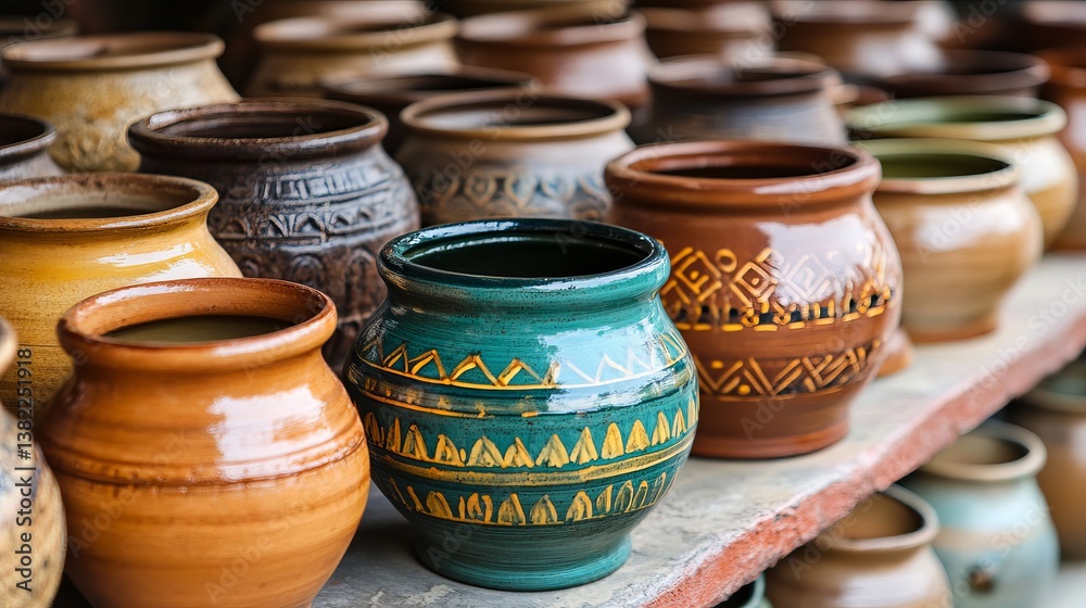 Traditional handmade ceramic water pots at local pottery market stall Traditional handmade ceramic water pots at local pottery market stall