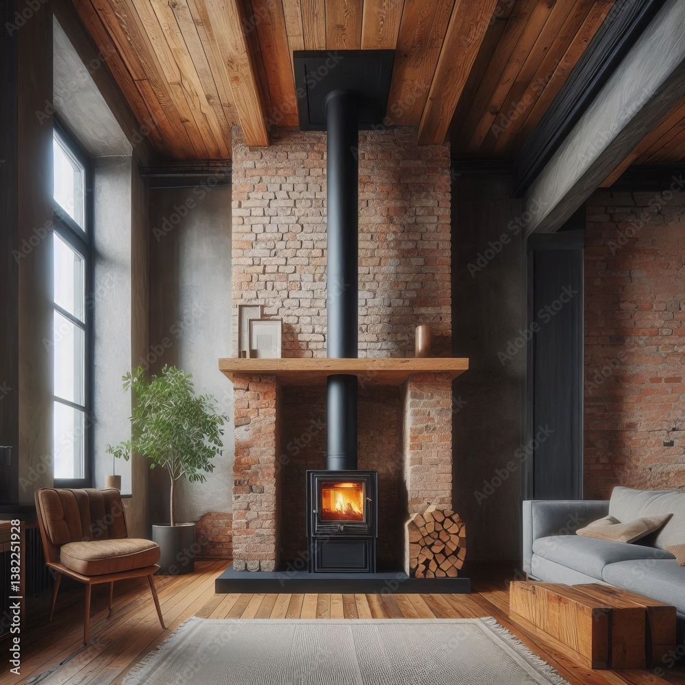 Fototapeta premium A tall exposed brick chimney with a built in wood stove at eye l