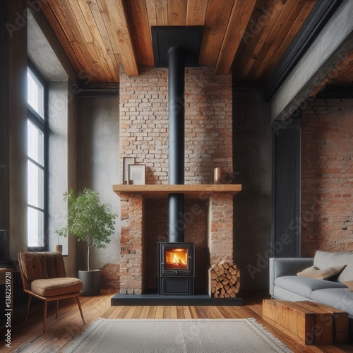 A tall exposed brick chimney with a built in wood stove at eye l