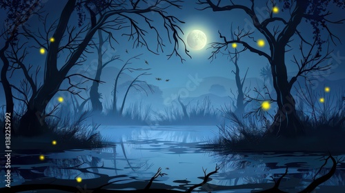 A serene, moonlit swamp scene with glowing fireflies and silhouetted trees.