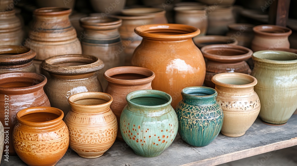 Traditional handmade ceramic water pots for sale in pottery market, decorative clay pottery collection Traditional handmade ceramic water pots for sale in pottery market, decorative clay pottery collection