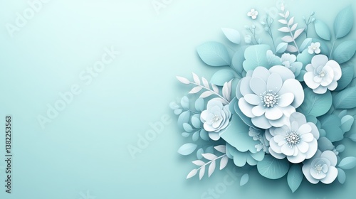 Elegant and Delicate Paper Flowers with Leaves on Soft Blue Background for Creative Design, Card Making, and Floral Decoration Projects