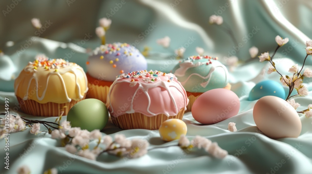 Obraz premium Delicate pastel Easter cakes and eggs arrangement with springtime blossoms decor