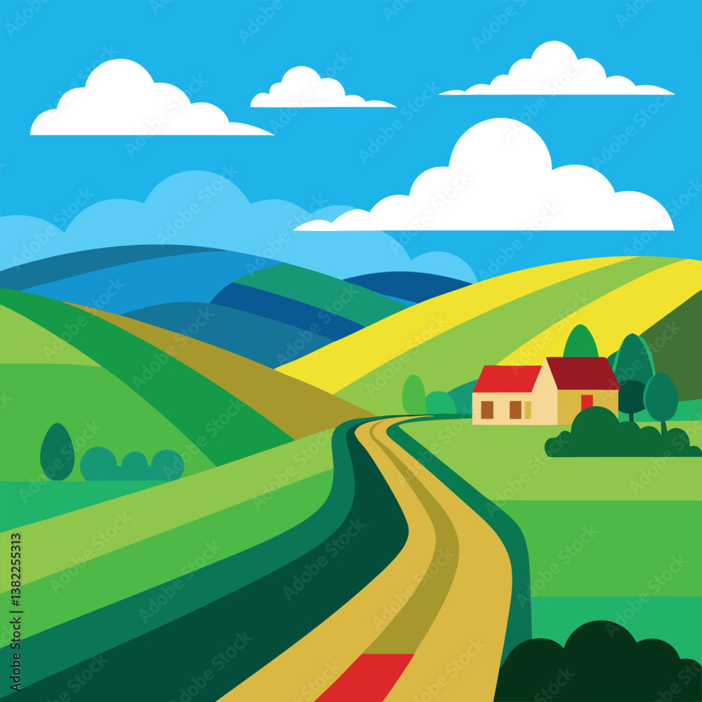 Fototapeta premium rural-landscape-with-green-fields--road-and-blue-c(2).eps