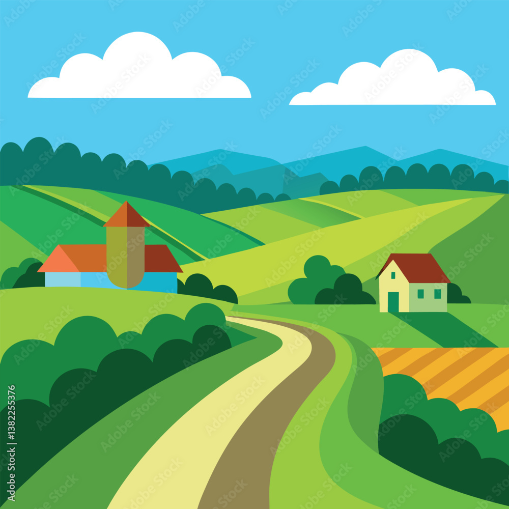 Fototapeta premium rural-landscape-with-green-fields--road-and-blue-c(3).eps