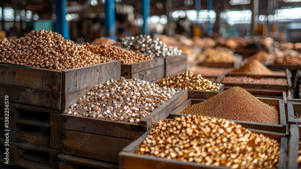 Metallic raw materials such as gold, copper, and silver particles arranged in wooden boxes, showcasing granules for processing, symbolizing industrial production and metal manufacturing Metallic raw materials such as gold, copper, and silver particles arranged in wooden boxes, showcasing granules for processing, symbolizing industrial production and metal manufacturing