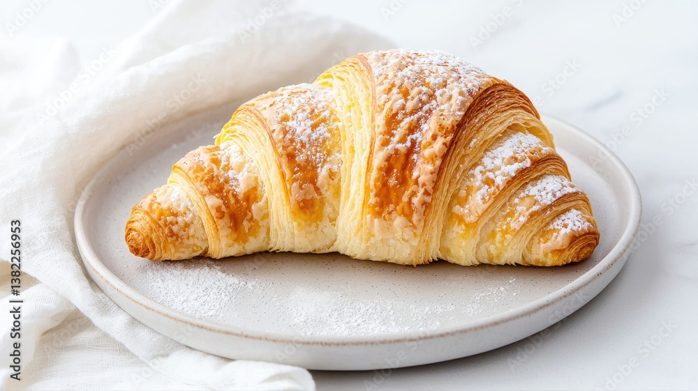 Freshly baked croissant dusted with powdered sugar on a white plate, set against a soft, light background. Freshly baked croissant dusted with powdered sugar on a white plate, set against a soft, light background.