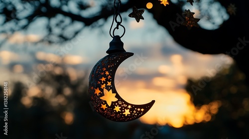 Decorative moon lantern featuring cut out stars hanging from a branch