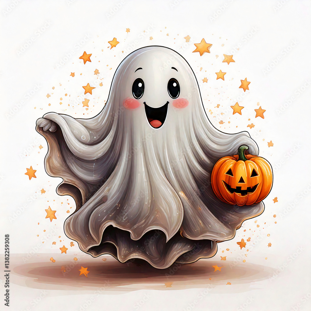 Obraz premium A cute, friendly ghost with tiny hands holding a smiling pumpkin, floating happily with tiny stars
