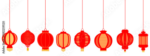 Set vector red Chinese hanging lamp icon. lanterns decoration design vector Illustration