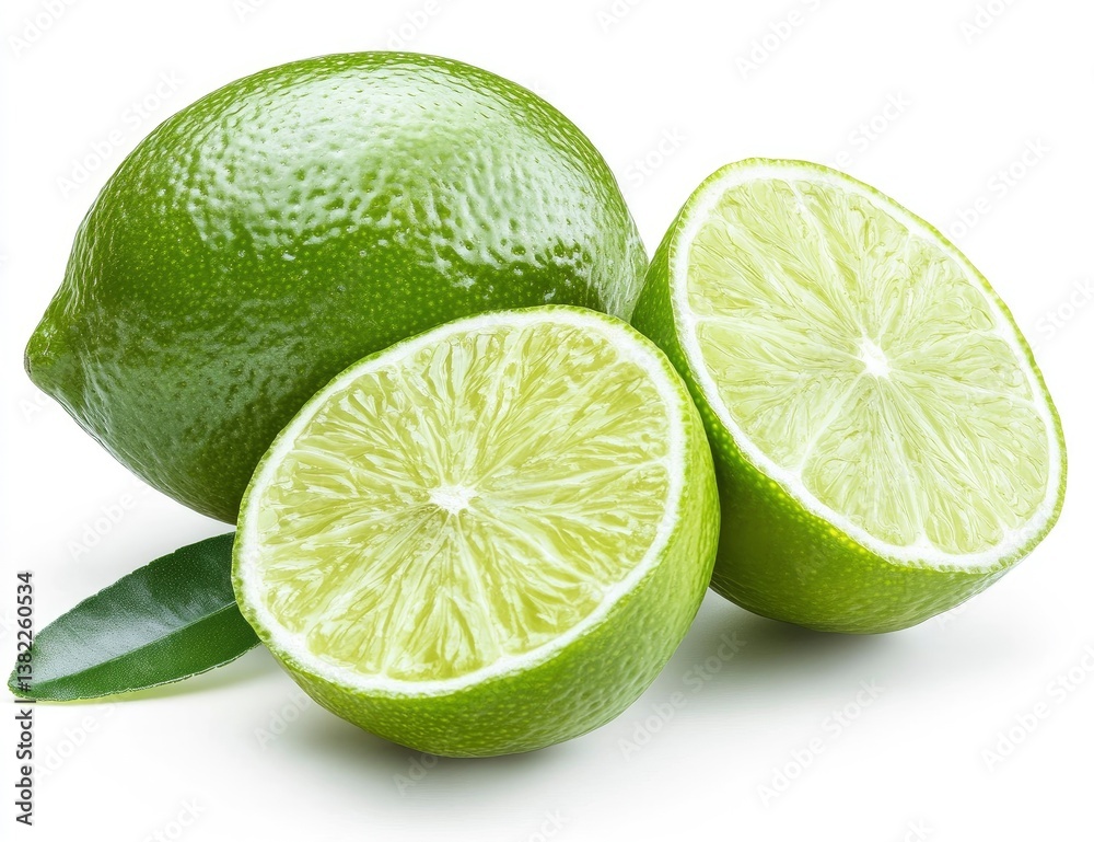 Fresh Lime Halves and Whole Fruit on White Background Still Life Fresh Lime Halves and Whole Fruit on White Background Still Life