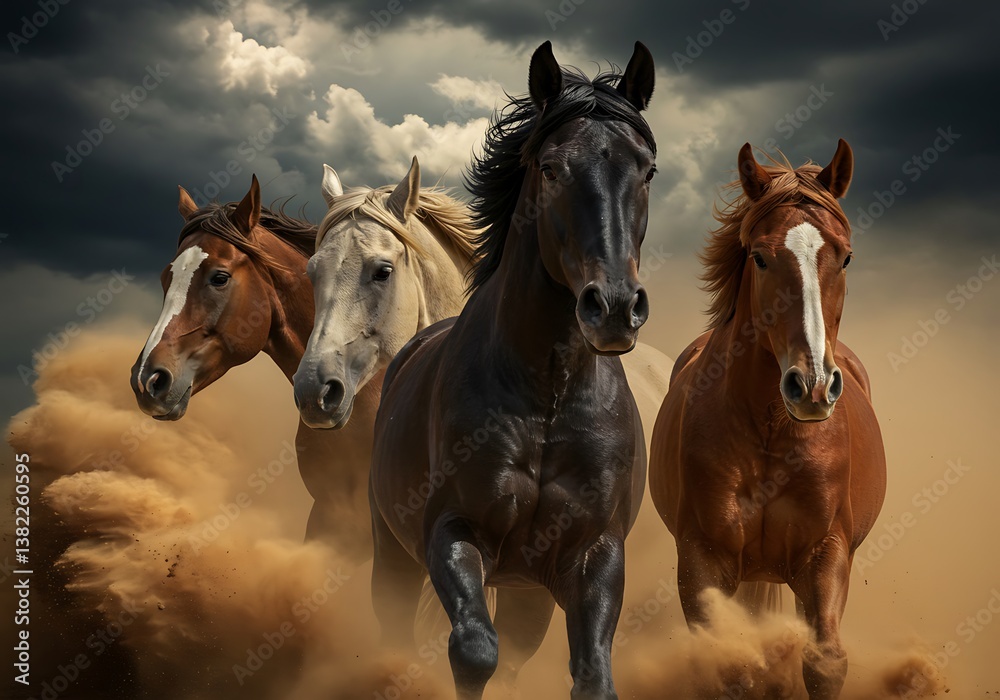 Three Horses Running Through a Dust Storm. Generative Ai Three Horses Running Through a Dust Storm. Generative Ai