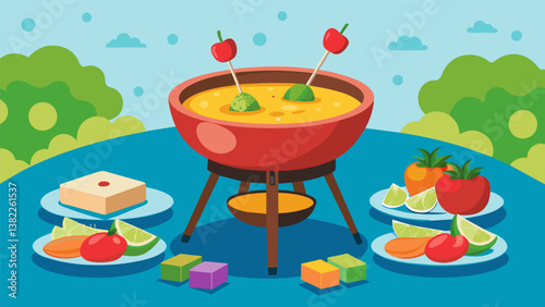 A poolside party with a colorful fondue pot holding a tangy salsa cheese dip served with tortilla chips fresh veggies and mini meatballs for a fun and. Vector illustration