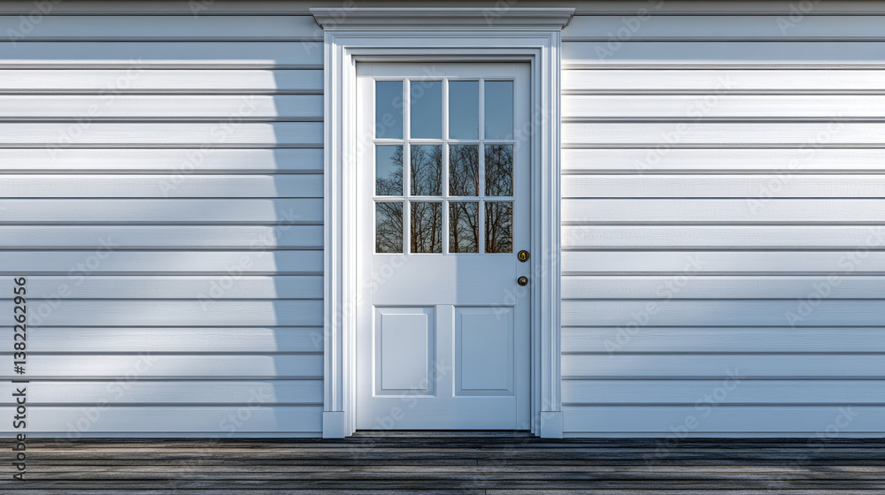 white door with multiple glass panes stands against textured white wall, casting soft shadows on wooden deck. scene evokes sense of calm and simplicity