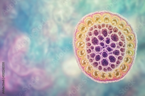 Microscopic cross-section of a lotus seed pod, revealing intricate cellular structure and patterns. photo