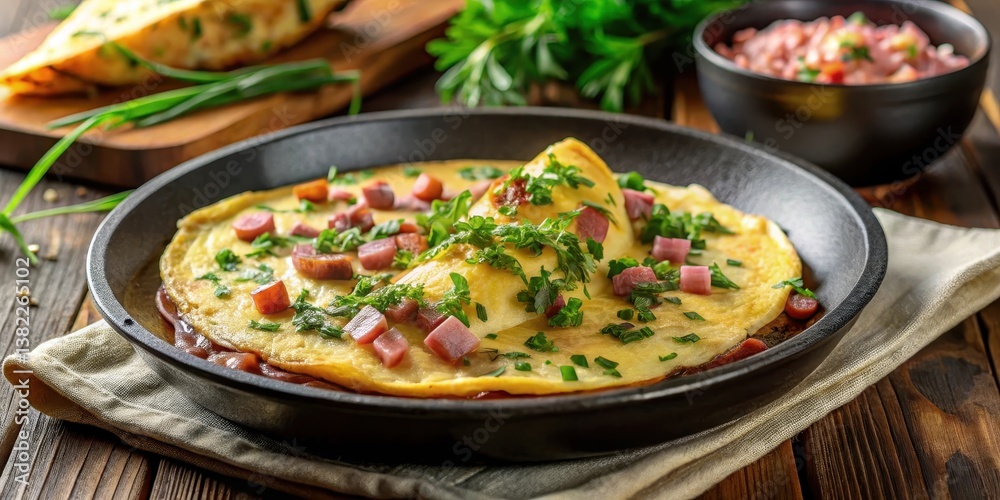 Savory Omelet with Herb Garnish and Diced Meat in a Dark Pan on Wooden Table Savory Omelet with Herb Garnish and Diced Meat in a Dark Pan on Wooden Table