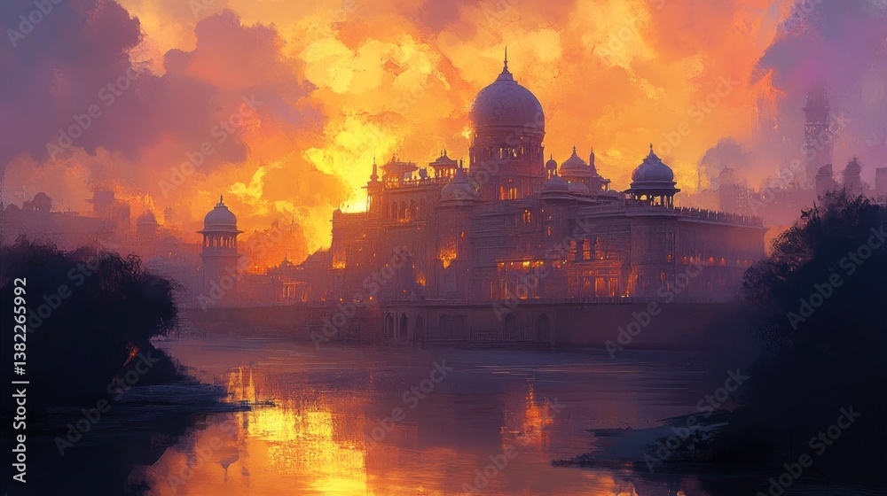 Obraz premium Golden Sunset over the Majestic Palace by the River