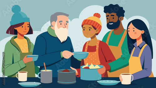 A group of friends assisting at a soup kitchen serving hot meals to the homeless and engaging in conversations with them.. Vector illustration