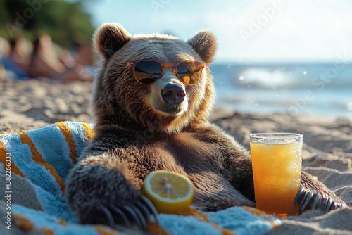 Bear with sunglasses enjoying iced lemon tea on the beach