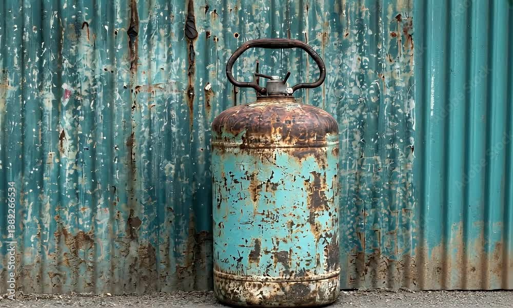 A rusty cylinder stands before a blue corrugated wall, its paint peeling with time and weather