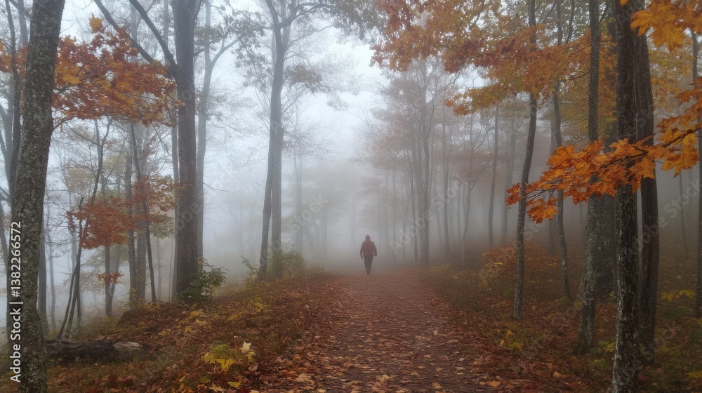 Obraz premium A lone traveler walking through the foggy woods