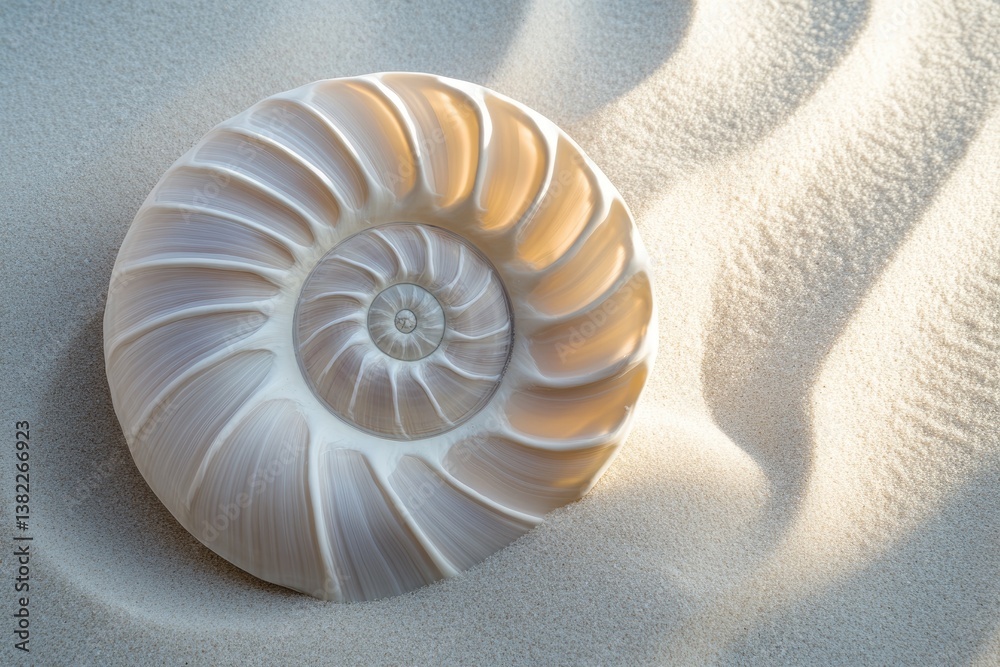 Obraz premium Nautilus shell on sand, showcasing its intricate spiral structure and delicate, pearly layers.