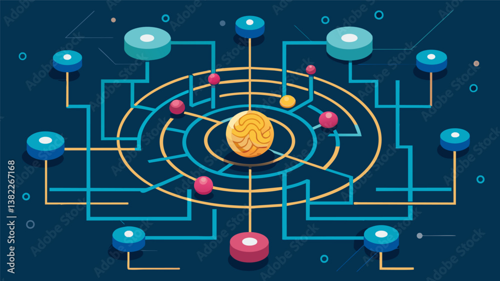 A maze of data points and algorithms with a quantum particle at the center symbolizing the power of quantum computing to organize and analyze complex data.. Vector illustration
