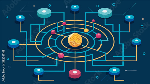 A maze of data points and algorithms with a quantum particle at the center symbolizing the power of quantum computing to organize and analyze complex data.. Vector illustration
