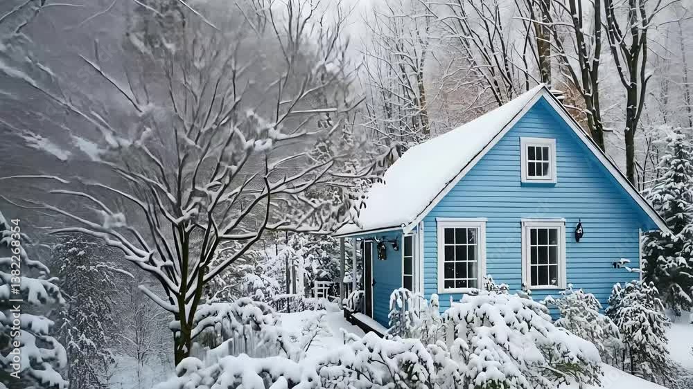 Charming Blue Cottage Surrounded by Snow-Covered Trees in a Peaceful Winter Wonderland Setting

