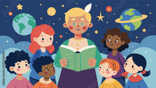A group of diverse children listen with rapt attention as the librarian reads aloud transporting them to faraway lands and magical worlds.. Vector illustration