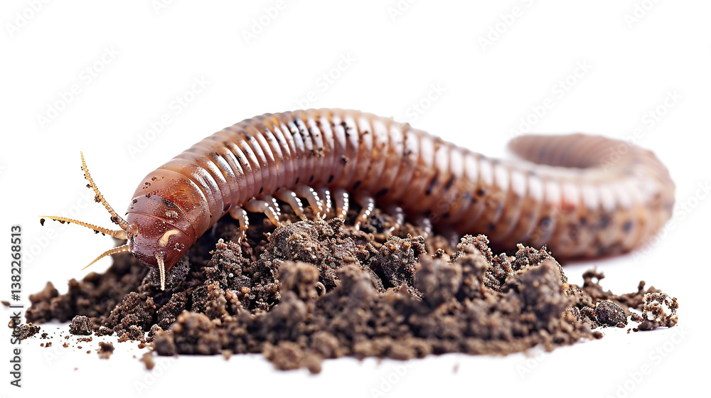 A millipede crawling on a small pile of dark soil against a bright white background. A millipede crawling on a small pile of dark soil against a bright white background.