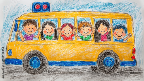 Children Riding School Bus Illustration