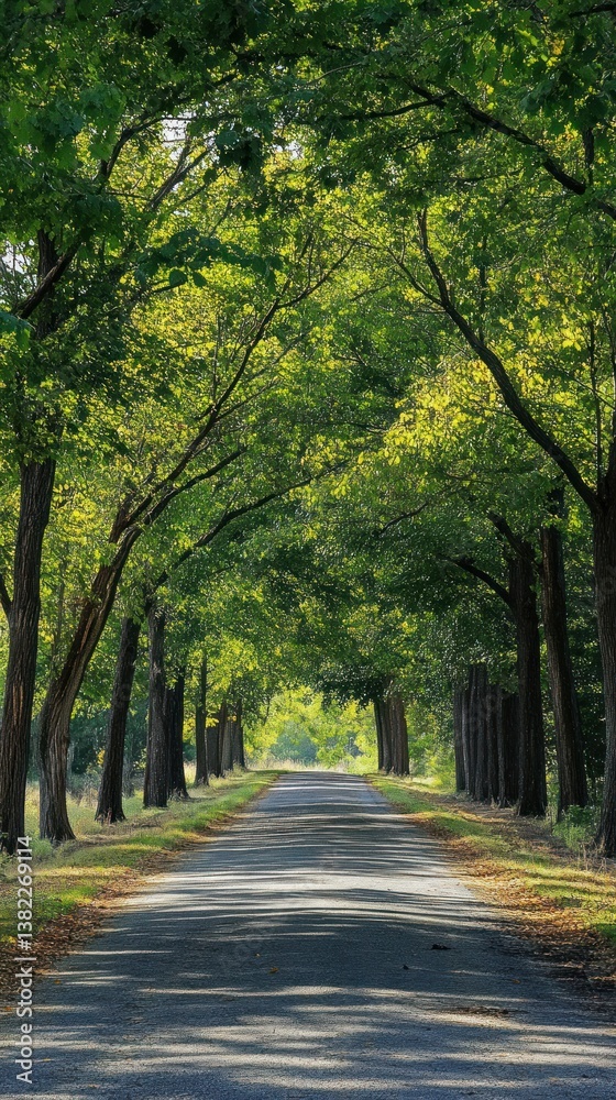 Naklejka premium A long asphalt road lined with trees and lush green foliage