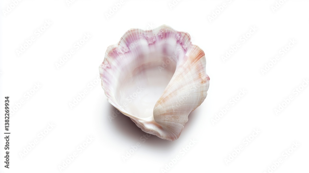 Elegant seashell with intricate patterns rests on a white background, showcasing its natural beauty and unique shape, isolated on white background