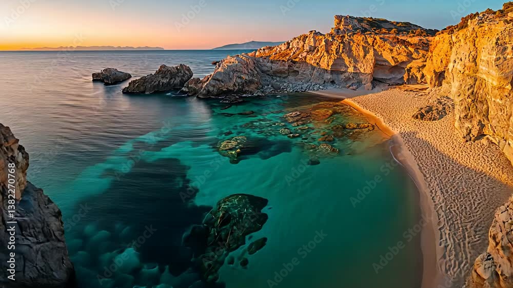 Serene Secluded Beach with Clear Turquoise Water, Rocky Cliffs, and Golden Sand at Sunset

