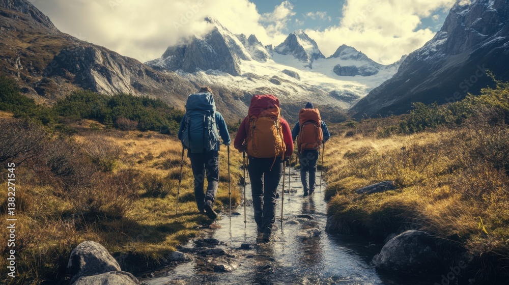 Obraz premium Adventurers trekking in nature, exploring the unknown