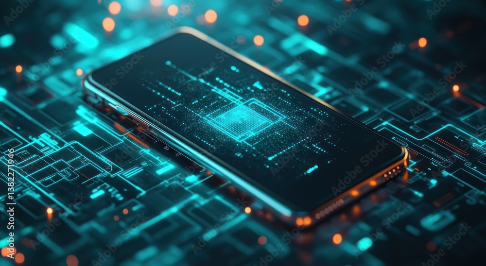 A futuristic smartphone displaying digital information with circuit details A futuristic smartphone displaying digital information with circuit details