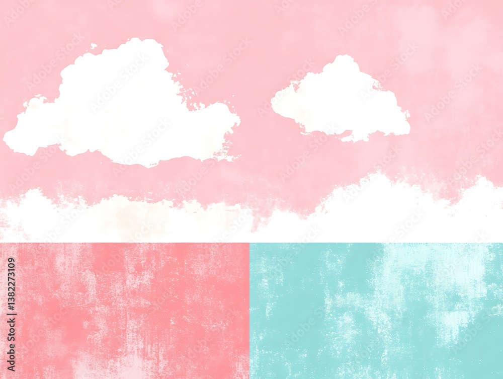Obraz premium Dreamy cloudscape with watercolor texture and pastel pink and teal palette