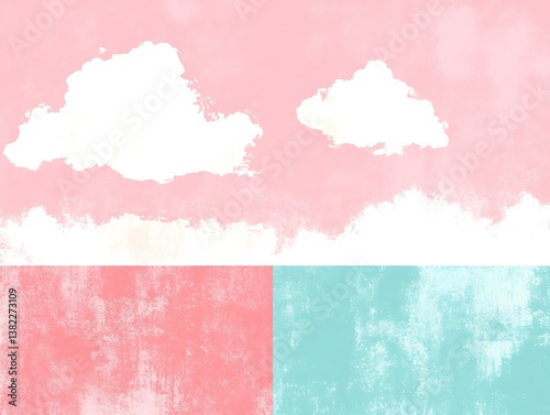 Dreamy cloudscape with watercolor texture and pastel pink and teal palette