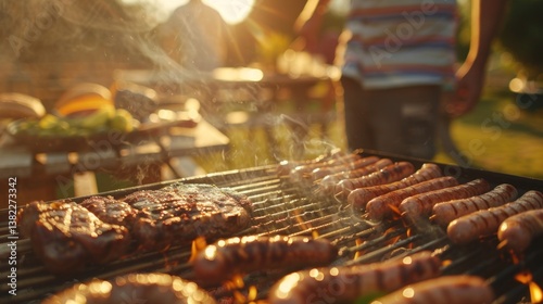 Backyard barbecue cookout with burgers and sausages grilling over open flame